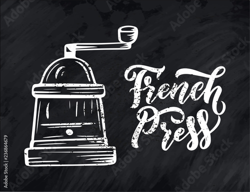 Hand lettering ellement in sketch style for coffee shop or cafe. Hand drawn vintage cartoon design, isolated on background photo