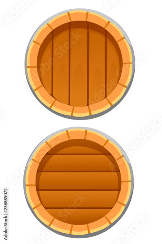 Wooden barrel with metal bands. Wine or beer keg. Flat vector illustration isolated on white background