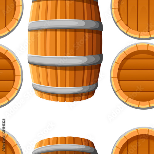 Seamless pattern. Wooden barrel with metal bands. Wine or beer keg. Flat vector illustration on white background
