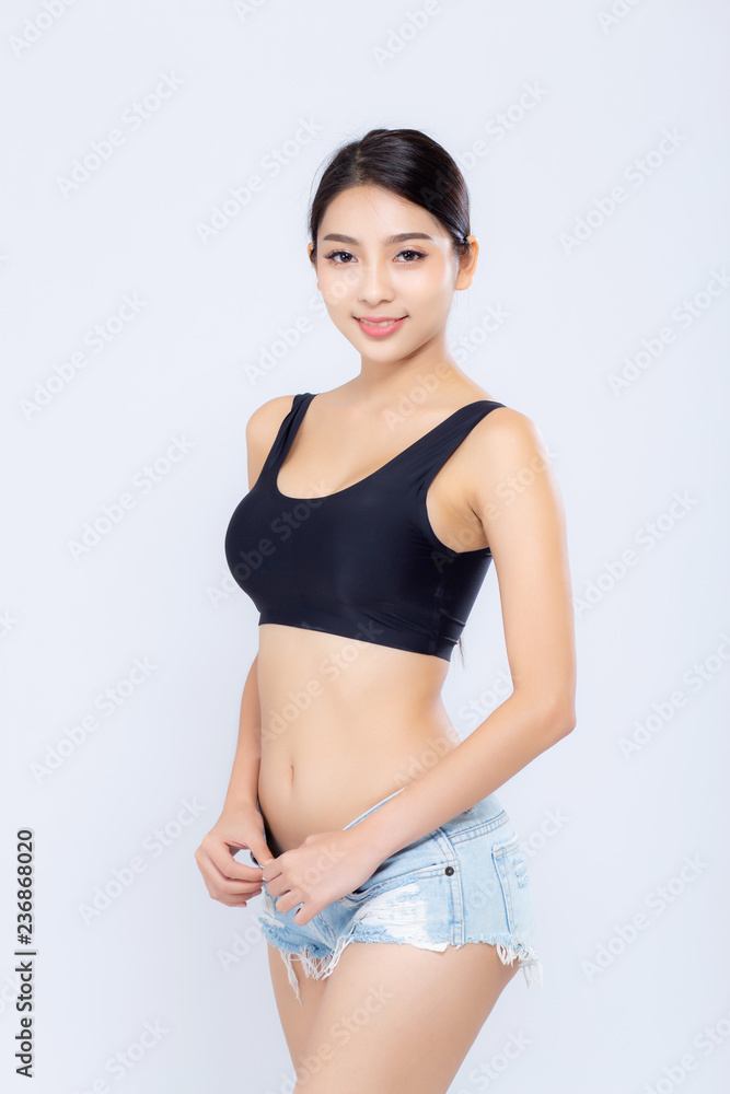 Portrait young asian woman smiling beautiful body diet with fit isolated on white background, model girl weight slim with cellulite or calories, health and wellness concept. Portrait young asian woman smiling beautiful body diet with fit isolated on white background, model girl weight slim with cellulite or calories, health and wellness concept.