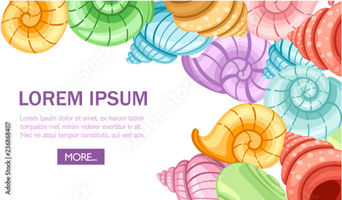 Colorful set of snails shells. Different shapes and colors. Archaeological finds. Flat vector illustration on white background. Place for text, web site page and mobile app design