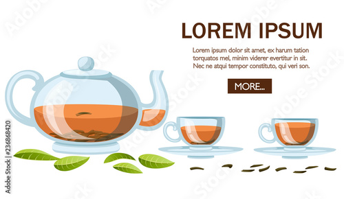 Fresh green tea leaves and pile dry tea. Transparent glass teapot and cups with black tea. Green tea for design, advertising and packaging. Flat vector illustration on white background
