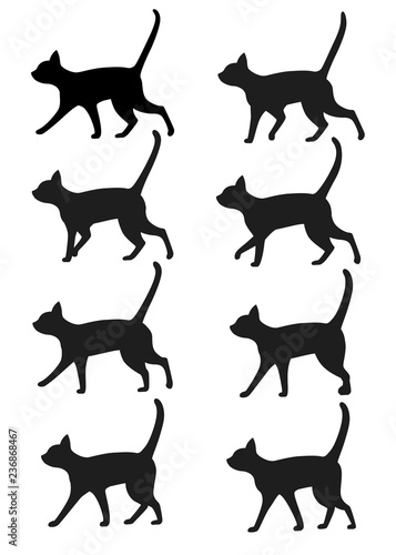 Set of black cat silhouette icon collection. Black cat poses for walk animation preset. Flat vector illustration isolated on white background