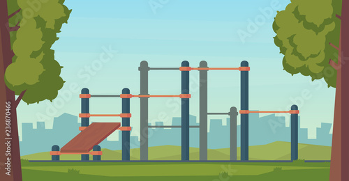 Summer street workout park for fitness and strength training. City sport place. Element and equipment for urban outdoor training. Flat style illustration