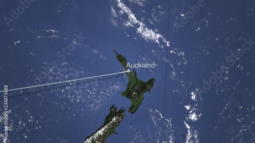 Plane arriving to Auckland, New zealand from west, intro 3D animation 