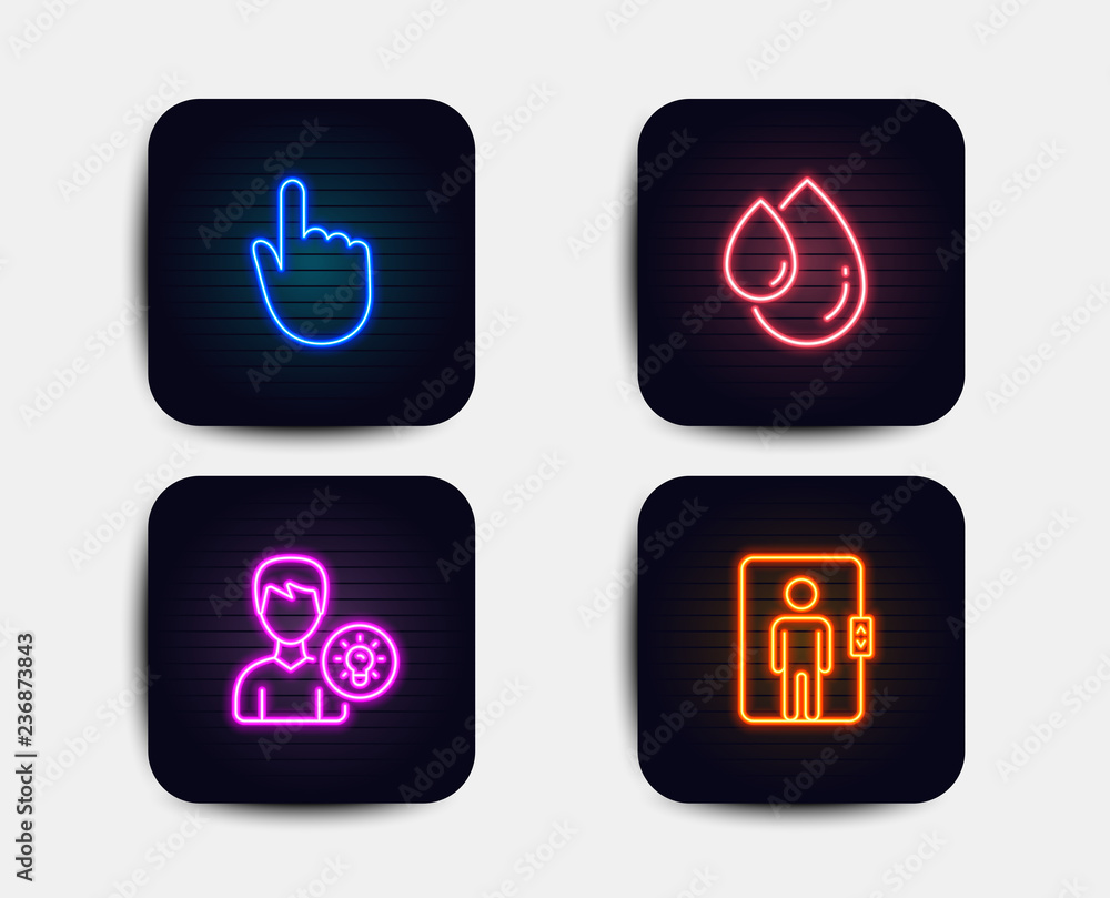 Neon set of Oil drop, Hand click and Person idea icons. Elevator sign. Serum, Location pointer, Lamp energy. Office transportation. Neon icons. Glowing light banners. Vector Neon set of Oil drop, Hand click and Person idea icons. Elevator sign. Serum, Location pointer, Lamp energy. Office transportation. Neon icons. Glowing light banners. Vector