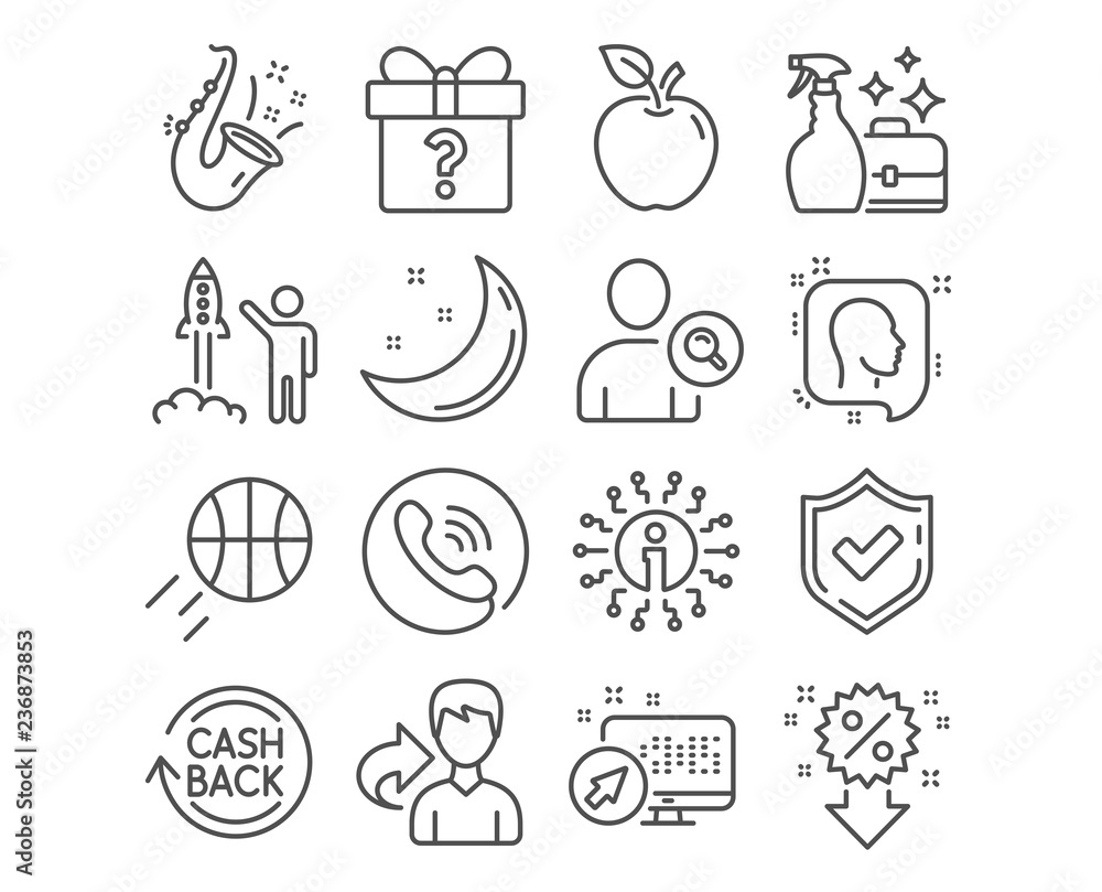 Set of Head, Launch project and Cleanser spray icons. Find user, Discount and Secret gift signs. Cashback, Jazz and Basketball symbols. Profile messages, Business innovation, Washing liquid. Vector Set of Head, Launch project and Cleanser spray icons. Find user, Discount and Secret gift signs. Cashback, Jazz and Basketball symbols. Profile messages, Business innovation, Washing liquid. Vector