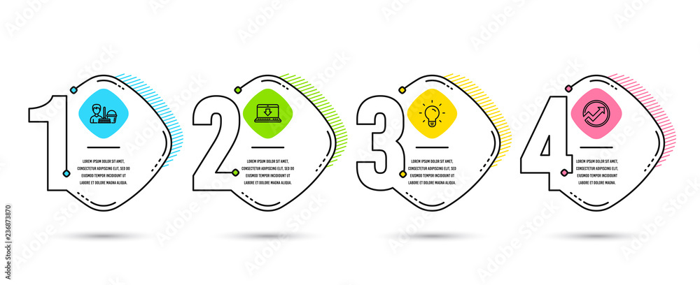 Timeline infographics. Set of Internet downloading, Cleaning service and  Light bulb icons. Audit sign. Load data, Bucket with mop, Lamp energy.  Arrow graph. Vector Stock Vector | Adobe Stock