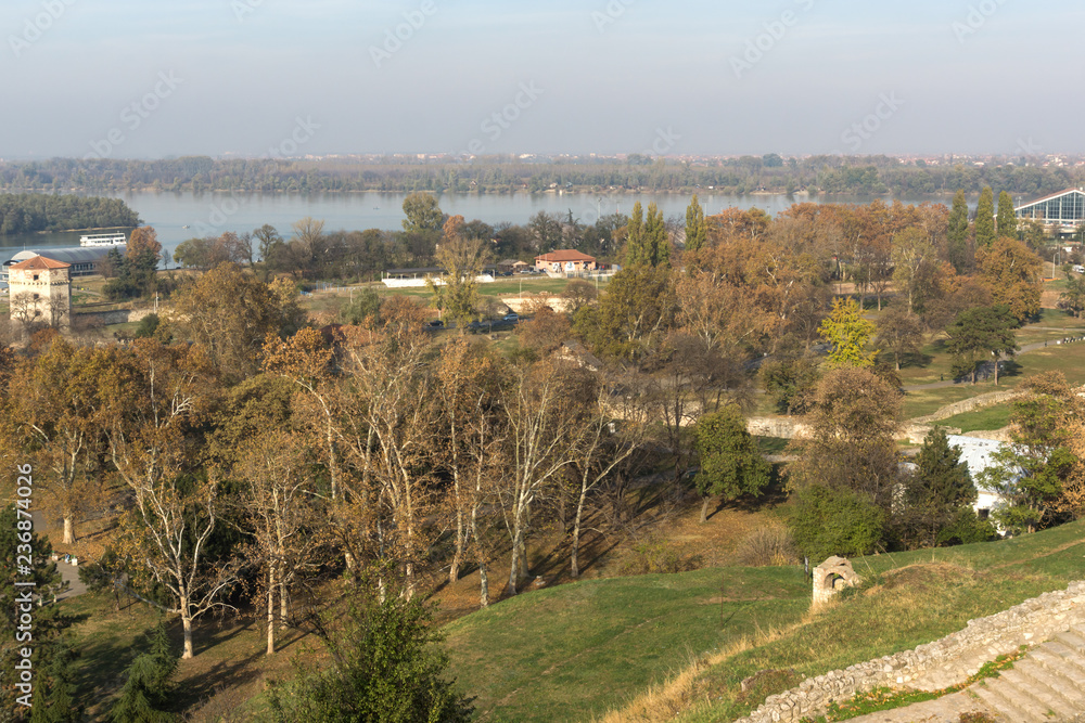 Panoramic sunset view of Belgrade Fortress, Kalemegdan Park, Sava and Danube Rivers in city of Belgrade, Serbia