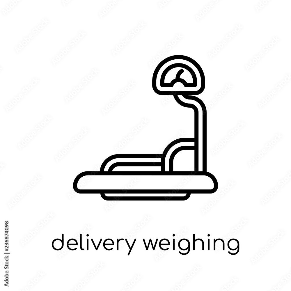 delivery weighing icon. Trendy modern flat linear vector delivery weighing icon on white background from thin line Delivery and logistic collection, outline vector illustration delivery weighing icon. Trendy modern flat linear vector delivery weighing icon on white background from thin line Delivery and logistic collection, outline vector illustration