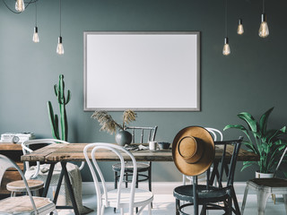 Cozy interior with empty poster frame. Frame mockup in interior.