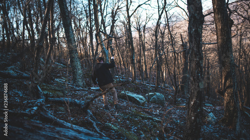 Morning hike through mountain woods