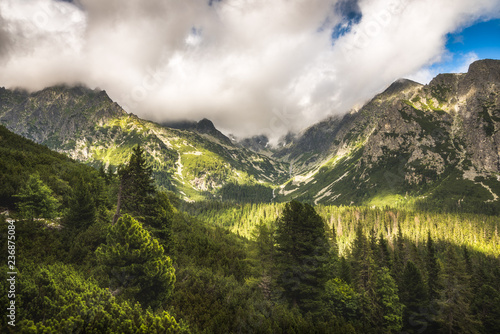 Partially Sunlit Mengusovska Valley and Peaks of High Tatras Mountains in Slovakia