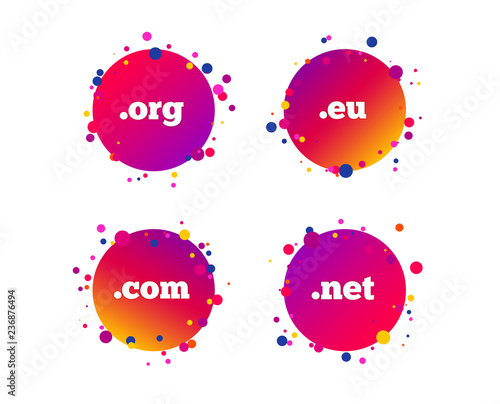 Top-level internet domain icons. Com, Eu, Net and Org symbols. Unique DNS names. Gradient circle buttons with icons. Random dots design. Vector