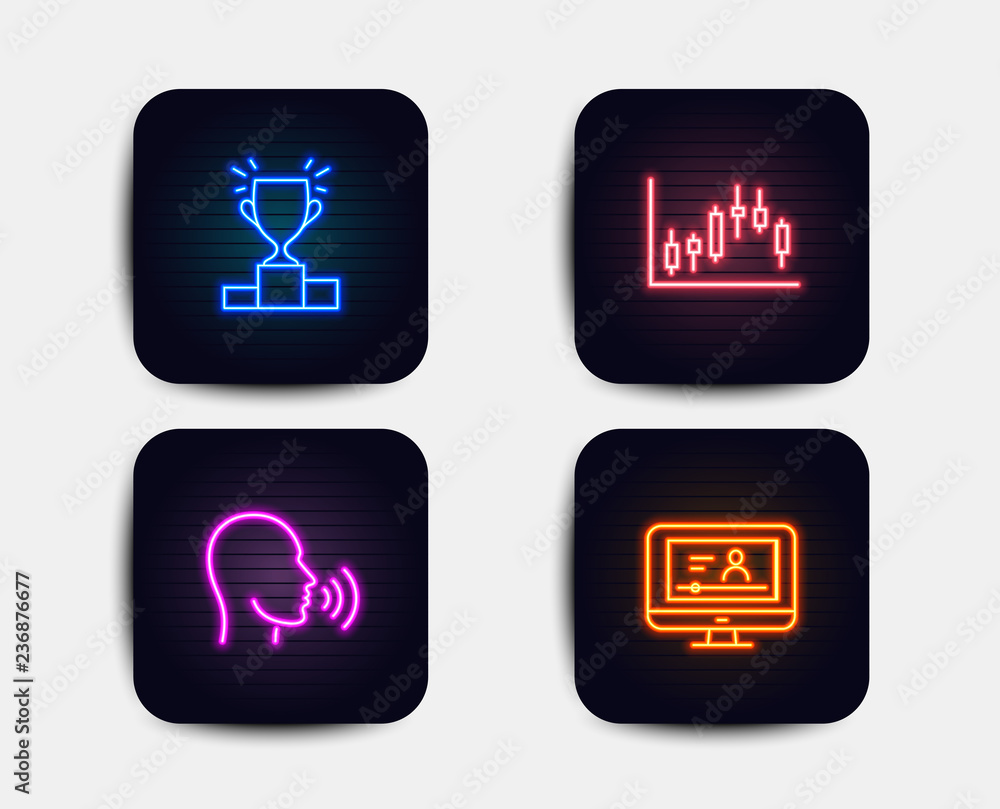 Neon set of Winner podium, Human sing and Candlestick graph icons. Online video sign. Competition results, Talk, Finance chart. Video exam. Neon icons. Glowing light banners. Vector Neon set of Winner podium, Human sing and Candlestick graph icons. Online video sign. Competition results, Talk, Finance chart. Video exam. Neon icons. Glowing light banners. Vector