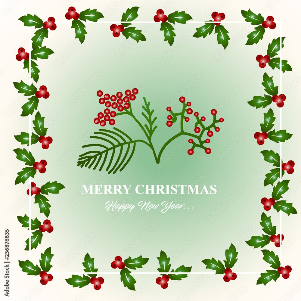 Merry Christmas and Happy New Year card design with berries