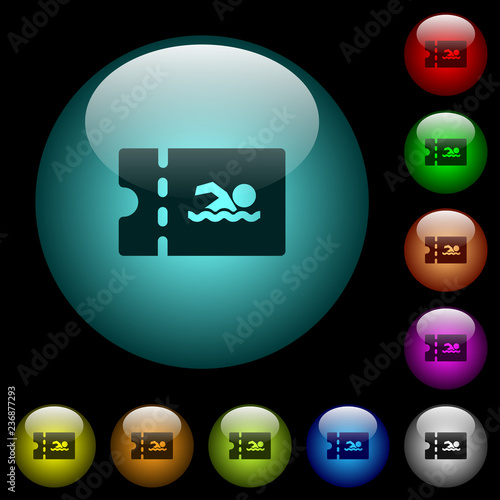 Swimming pool discount coupon icons in color illuminated glass buttons