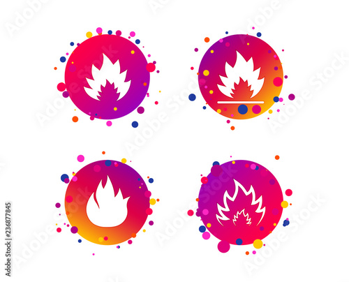 Fire flame icons. Heat symbols. Inflammable signs. Gradient circle buttons with icons. Random dots design. Vector