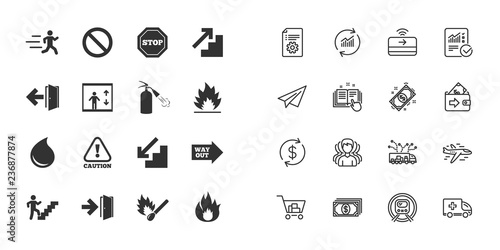 Set of Emergency, Fire safety and Protection icons. Extinguisher, Exit and Attention signs. Caution, Water drop and Way out symbols. Paper plane, report and shopping cart icons. Group of people