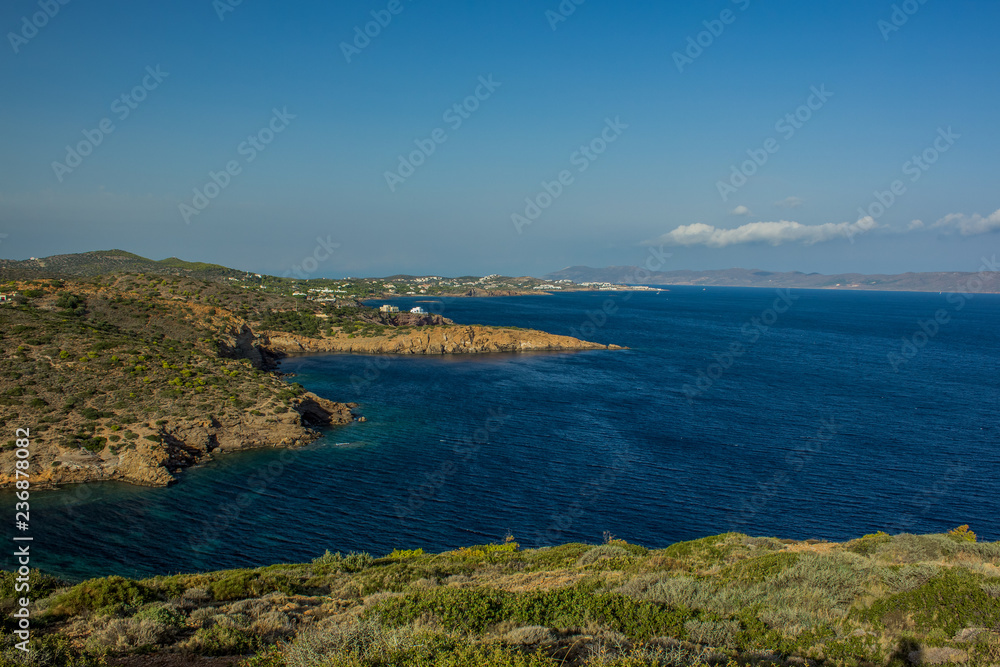 sea bay and hills cape panorama summer nature vivid landscape environment from above aerial shot in clear bright weather time 