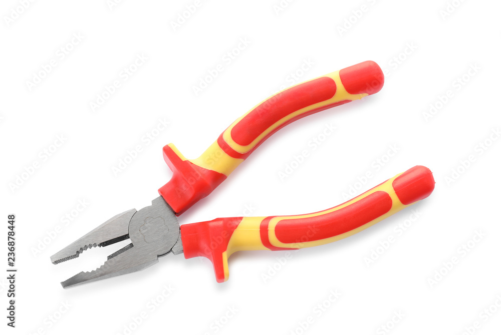 Color pliers on white background, top view. Electrician's tool Color pliers on white background, top view. Electrician's tool