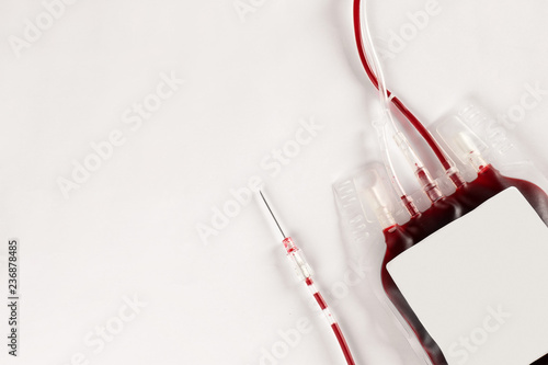 Blood pack for transfusion on white background, top view. Donation day