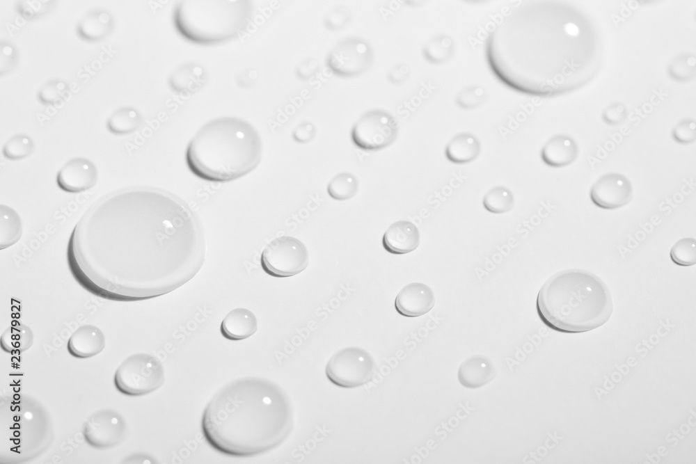 Pure water drops on white background, closeup