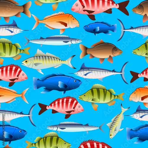 Crowded fish aquarium seamless pattern on colored background