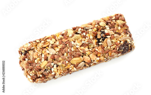 Tasty protein bar on white background, top view