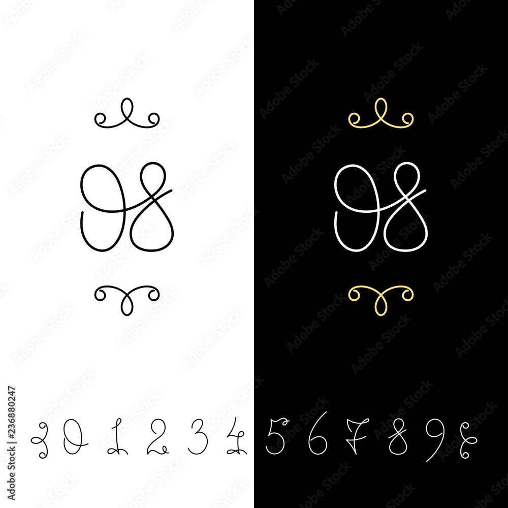 Set of vector calligraphy numbers from 0 to 9. Lined ornate monogram. Set of vector calligraphy numbers from 0 to 9. Lined ornate monogram.