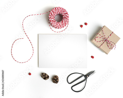 Flat Lay Blank Envelope Scissors Wrapping Paper Ribbons Christmas Gifts  Stock Photo by ©AntonMatyukha 218029978
