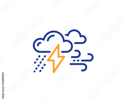 Clouds with raindrops, lightning, wind line icon. Bad weather sign. Colorful outline concept. Blue and orange thin line color Bad weather icon. Vector