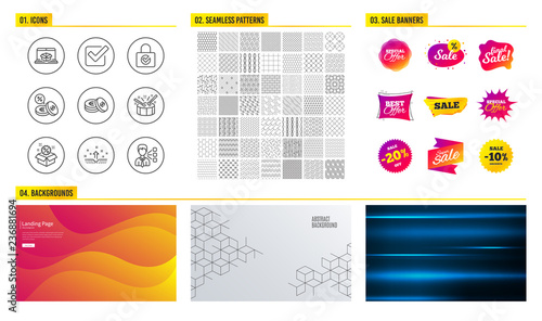 Seamless pattern. Shopping mall banners. Set of Sale, Checkbox and Clean skin icons. Savings, Password encryption and Currency exchange signs. Online delivery, Drums and Third party symbols. Vector