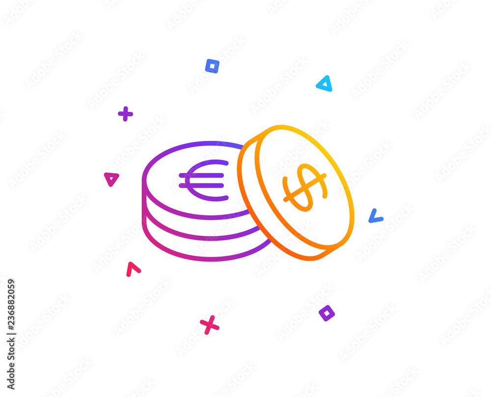 Coins money line icon. Banking currency sign. Euro and Dollar Cash symbols. Gradient line button. Savings icon design. Colorful geometric shapes. Vector