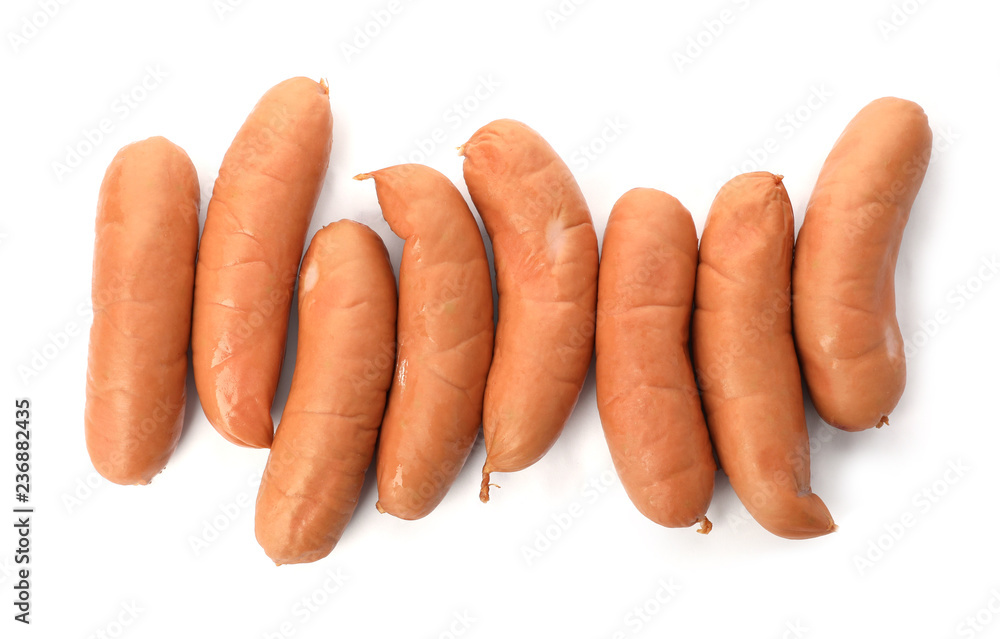 Tasty sausages on white background, top view. Meat product