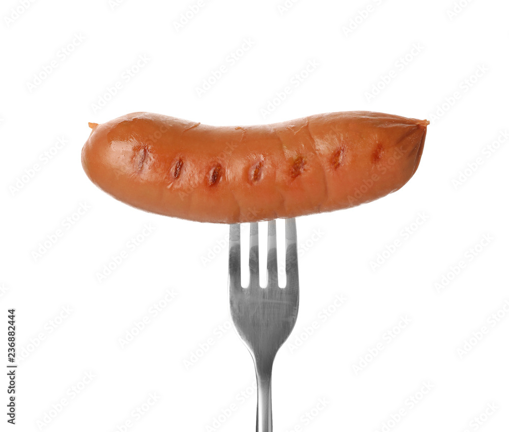 Fork with tasty cooked sausage on white background. Meat product Fork with tasty cooked sausage on white background. Meat product