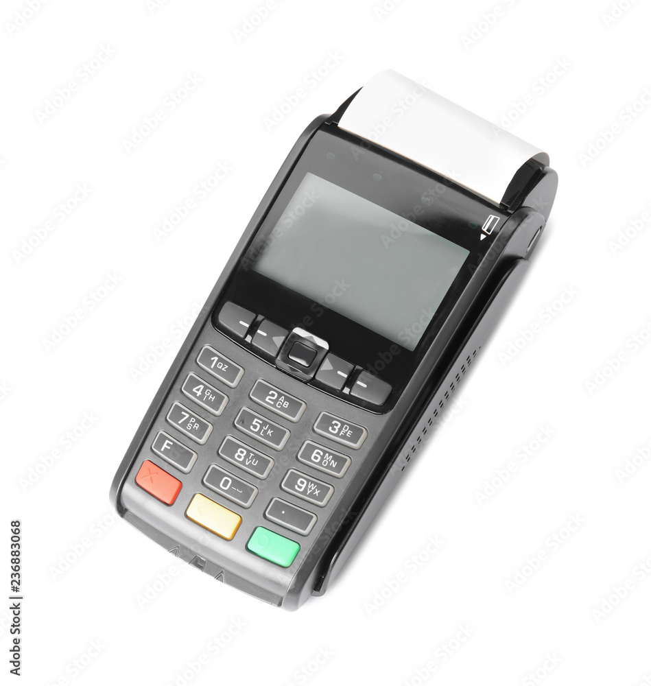 Modern payment terminal on white background, top view Modern payment terminal on white background, top view