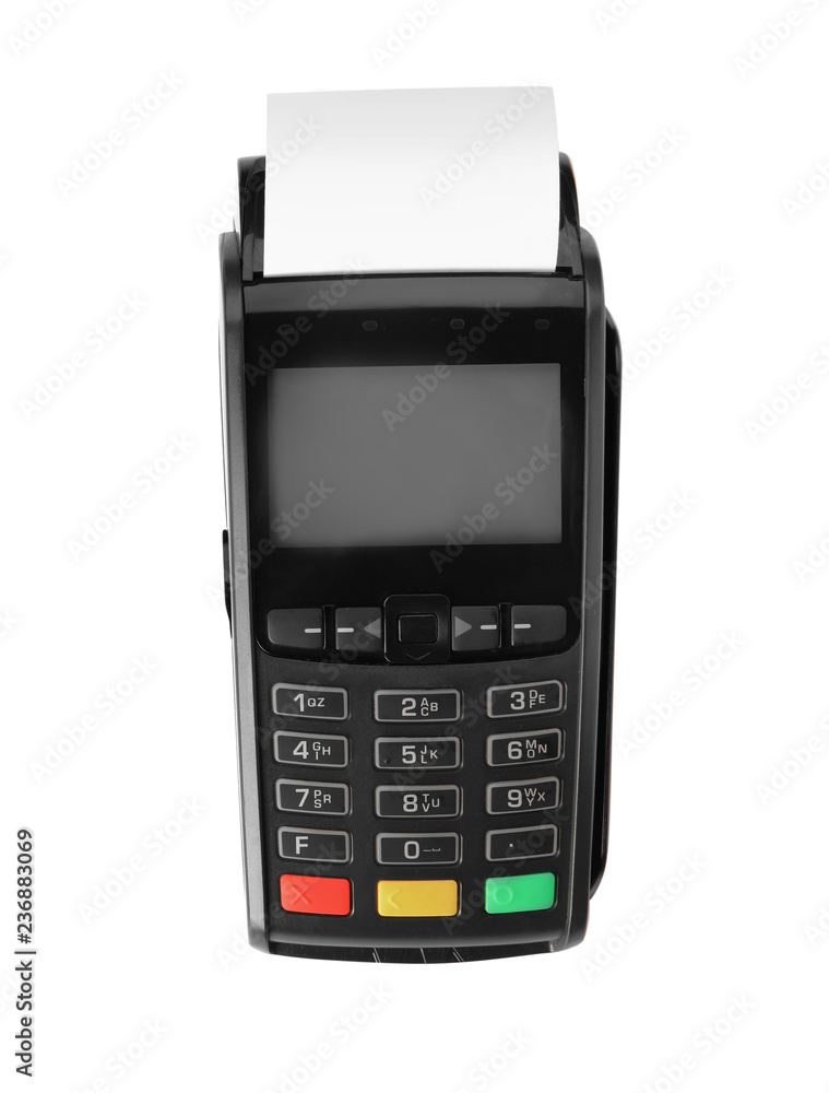 Modern payment terminal on white background, top view Modern payment terminal on white background, top view