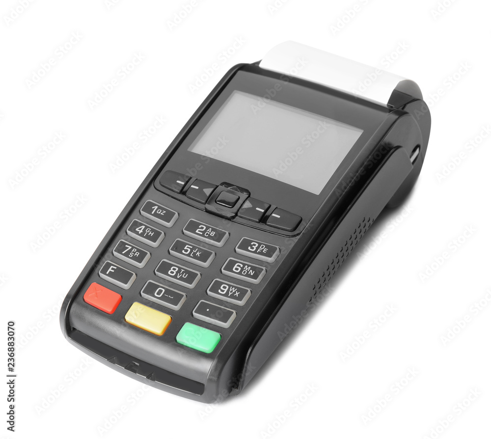 New modern payment terminal on white background New modern payment terminal on white background