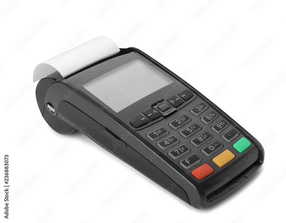 New modern payment terminal on white background New modern payment terminal on white background