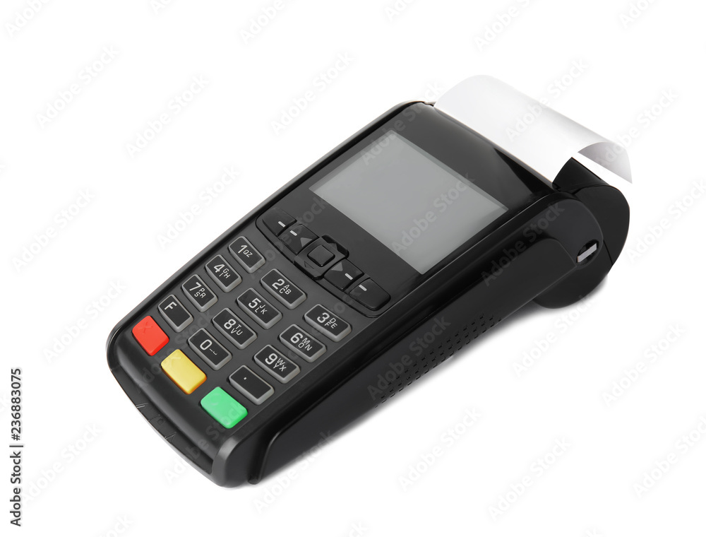 New modern payment terminal on white background New modern payment terminal on white background