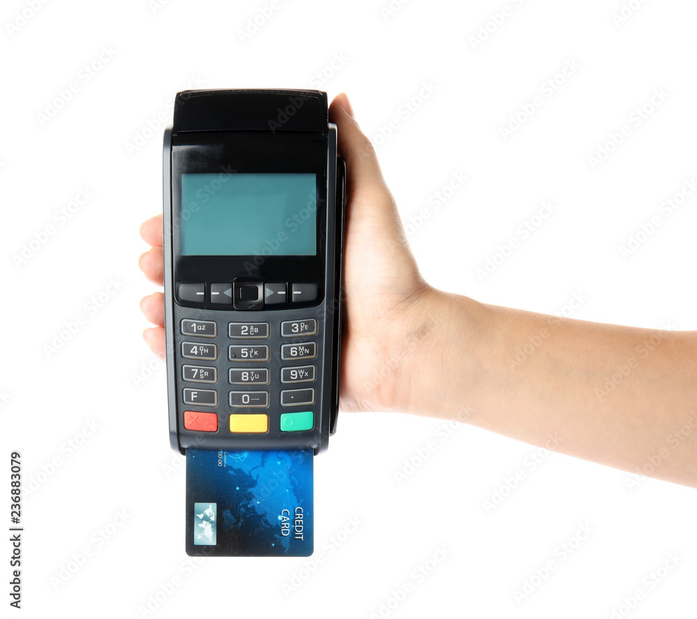 Woman using modern payment terminal on white background, closeup Woman using modern payment terminal on white background, closeup