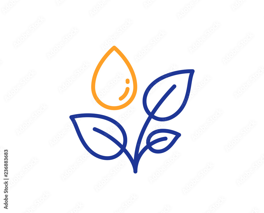 Plants watering line icon. Leaves dew sign. Environmental care symbol. Colorful outline concept. Blue and orange thin line color Plants watering icon. Vector