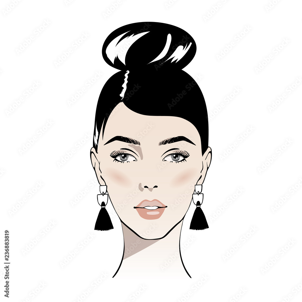 illustration of women bun hair style icon with earrings tassels, logo women face on white background, vector. icon beauty woman with luxurious cute bun hairstyle. Idea for card typography vector. illustration of women bun hair style icon with earrings tassels, logo women face on white background, vector. icon beauty woman with luxurious cute bun hairstyle. Idea for card typography vector.