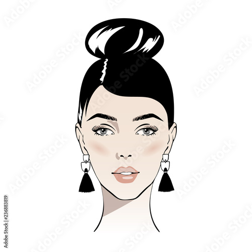 illustration of women bun hair style icon with earrings tassels, logo women face on white background, vector. icon beauty woman with luxurious cute bun hairstyle. Idea for card typography vector.