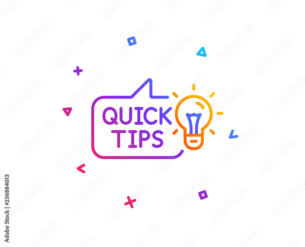Quick tips line icon. Helpful tricks sign. Tutorials with idea symbol. Gradient line button. Education idea icon design. Colorful geometric shapes. Vector Quick tips line icon. Helpful tricks sign. Tutorials with idea symbol. Gradient line button. Education idea icon design. Colorful geometric shapes. Vector