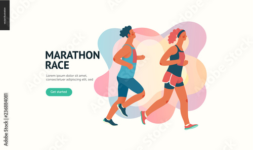 Marathon race group - flat modern vector concept illustration of running men and women wearing sportswer. Marathon race, 5k run, sprint. Creative landing page design template, web banner