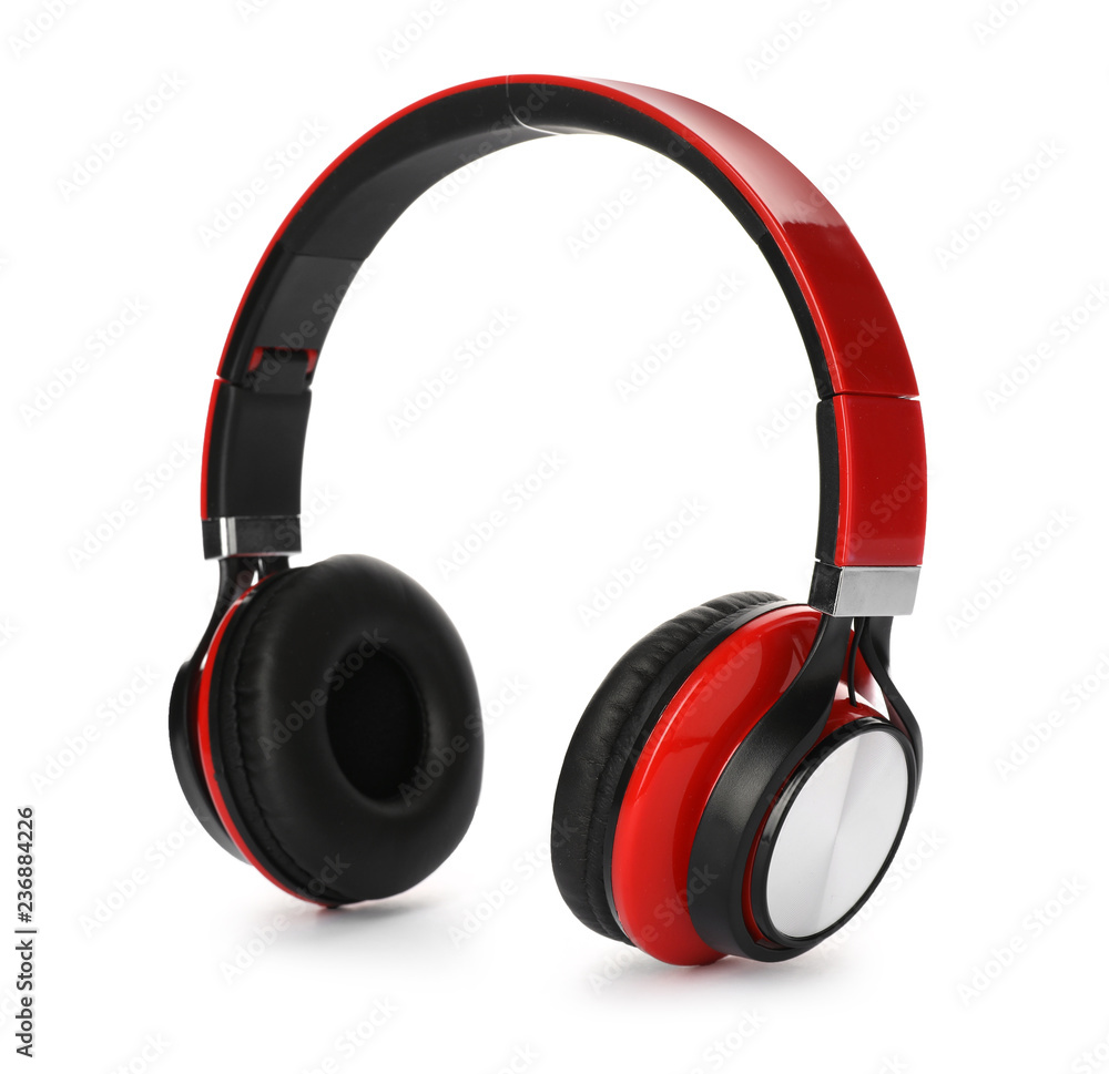 Stylish modern headphones with earmuffs on white background Stylish modern headphones with earmuffs on white background