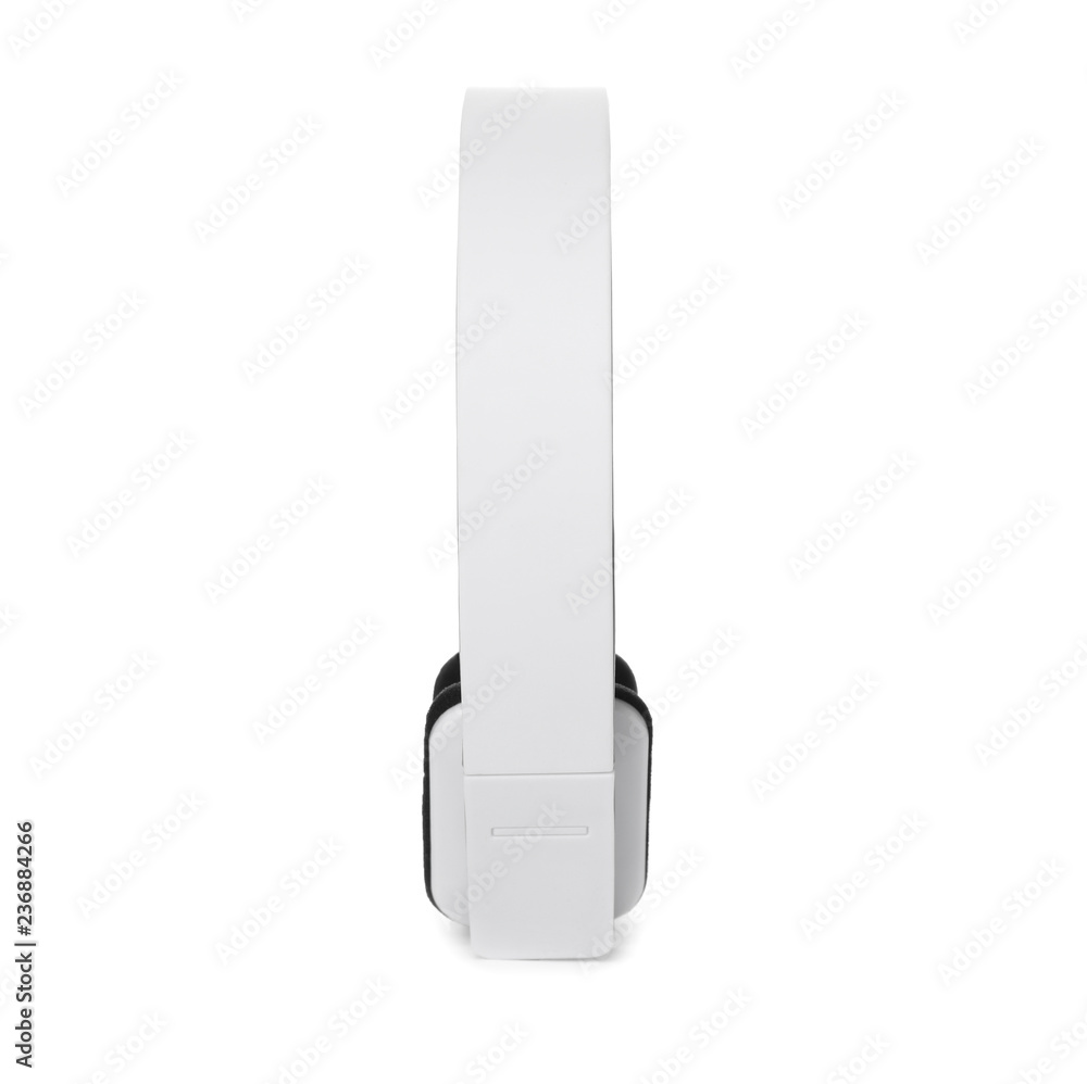 Stylish modern headphones with earmuffs on white background Stylish modern headphones with earmuffs on white background