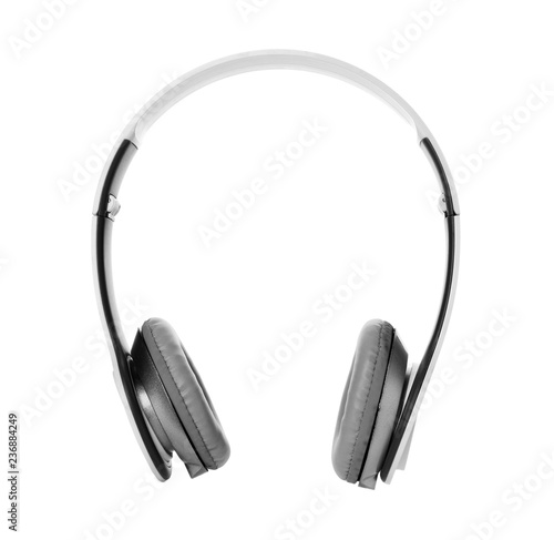 Stylish modern headphones with earmuffs on white background